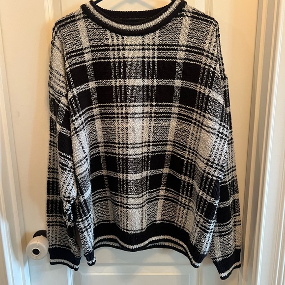 J.Ferrar Black and White Plaid boxy Crewneck Sweater size Large - Picture 1 of 11